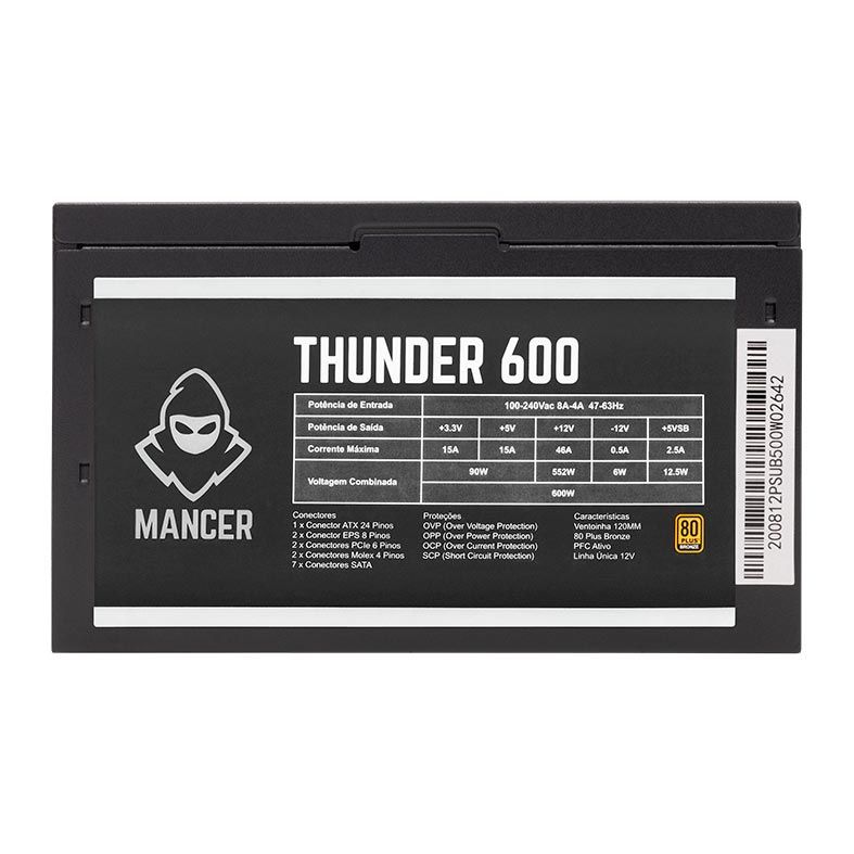 Fonte Mancer Thunder 600W, 80 Plus Bronze, MCR-THR600-BL01-OEM