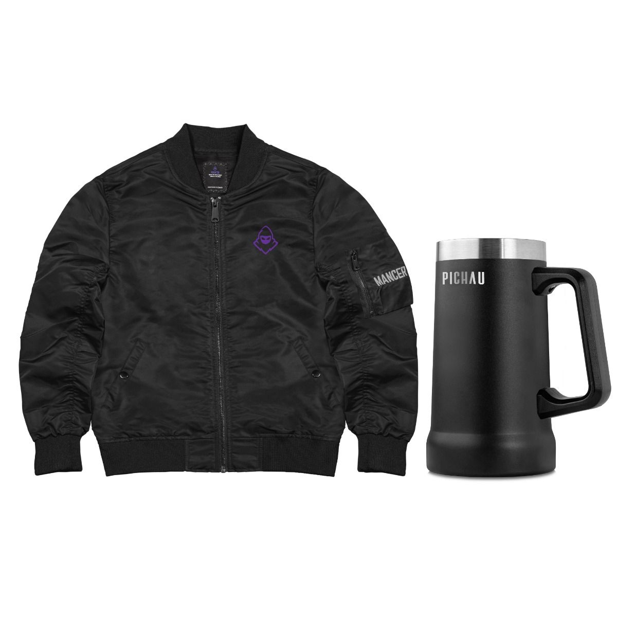 Kit Jaqueta Bomber Mancer, M + Caneca Térmica Pichau, Preto