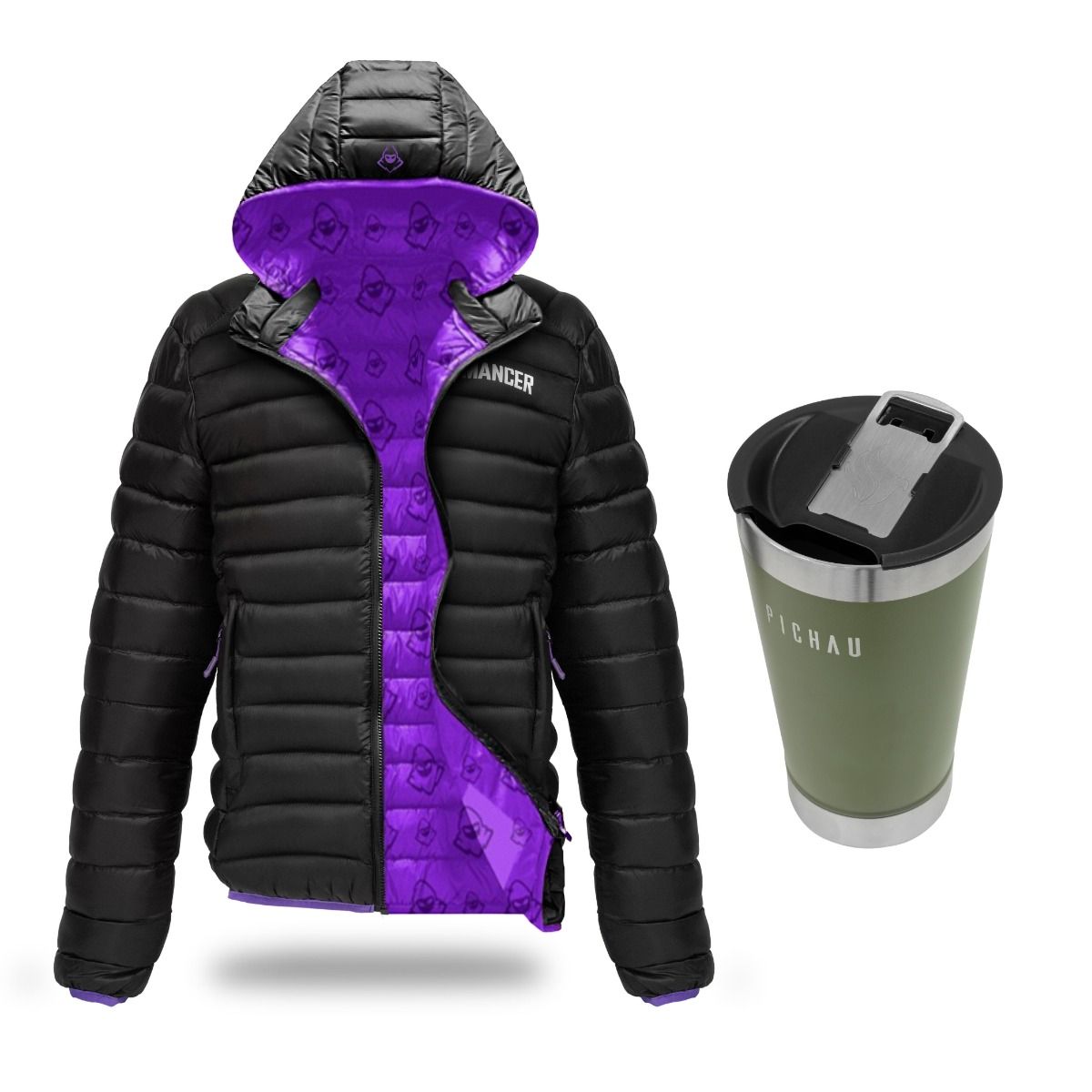 Kit Jaqueta Puffer Mancer, M + Copo Térmico Pichau, Verde