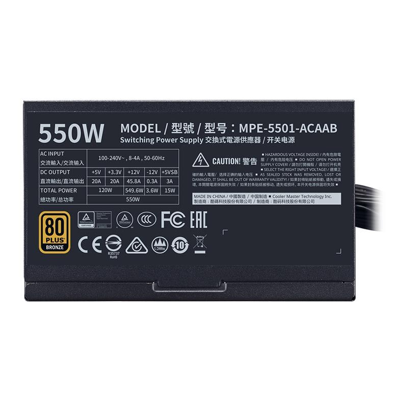 Fonte Cooler Master MWE 550 Bronze, 550W, 80 Plus Bronze, Preto, MPE-5501-ACAAB-WO