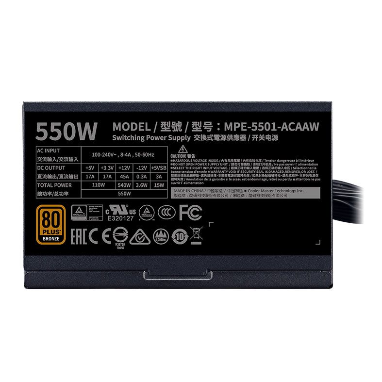 Fonte Cooler Master MWE 550 Bronze V2, 550W, 80 Plus Bronze, Preta, MPE-5501-ACAAW-BBR