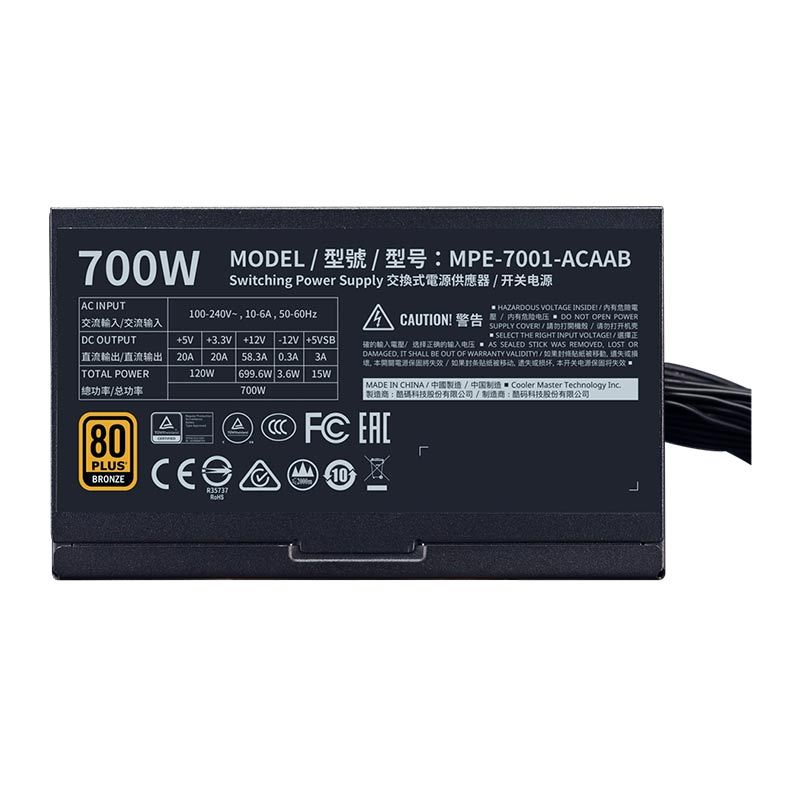 Fonte Cooler Master MWE 700, 700W, 80 Plus Bronze, Preto, MPE-7001-ACAAB-BR