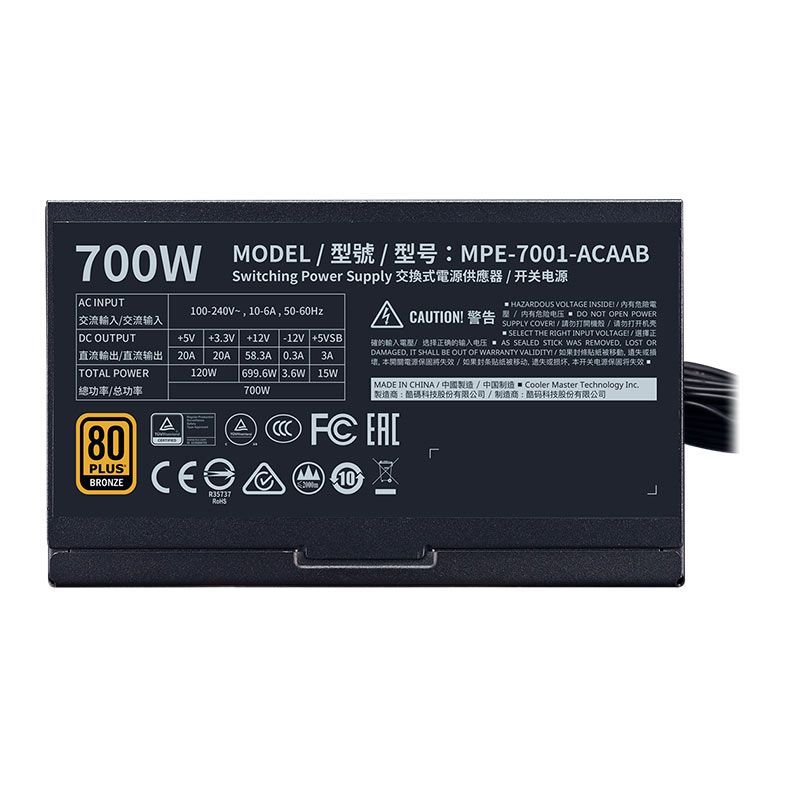 Fonte Cooler Master MWE 700 V2, 700W, 80 Plus Bronze, Preta, MPE-7001-ACAAB-WO