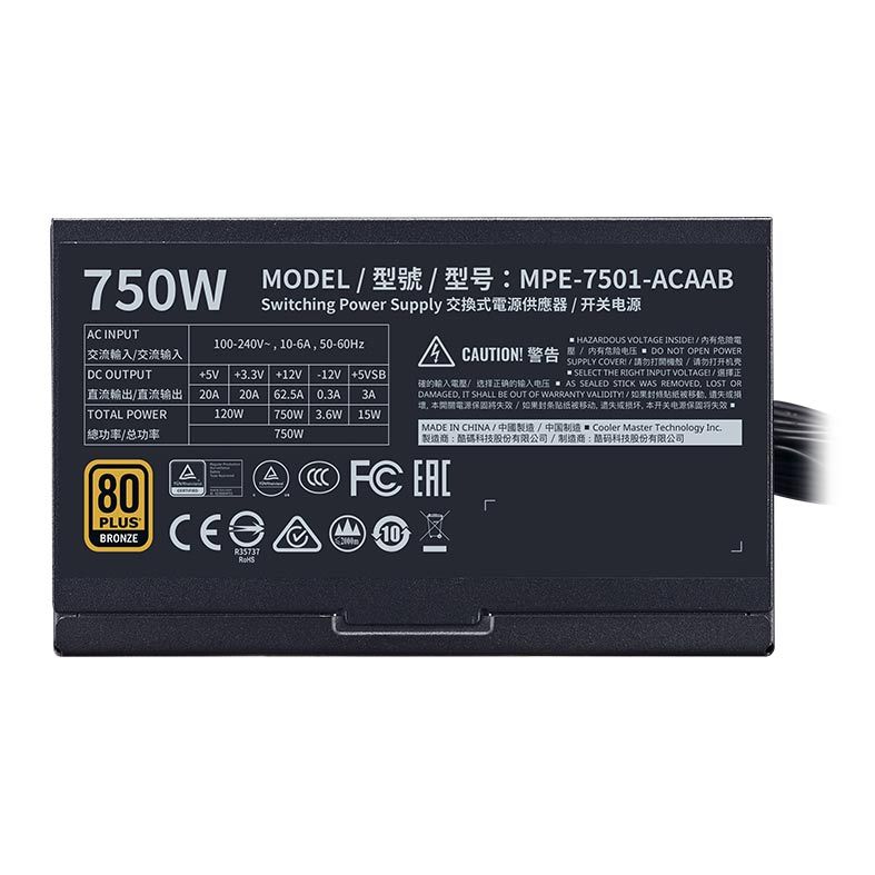 Fonte Cooler Master MWE 750, 750W, 80 Plus Bronze, Preto, MPE-7501-ACAAB-WO