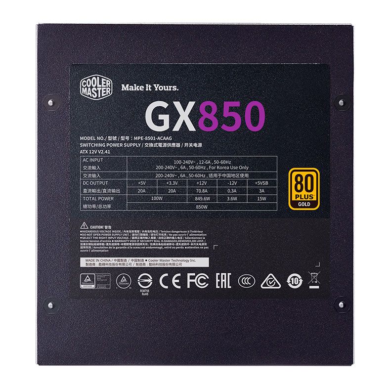 Fonte Cooler Master GX850 Gold, 850W, Full Modular, 80 Plus Gold, Preto, MPE-8501-AFAAG-W1