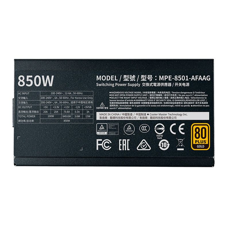 Fonte Cooler Master MWE 850 Gold V2, 850W, Full Modular, 80 Plus Gold, Preto, MPE-8501-AFAAG-WO