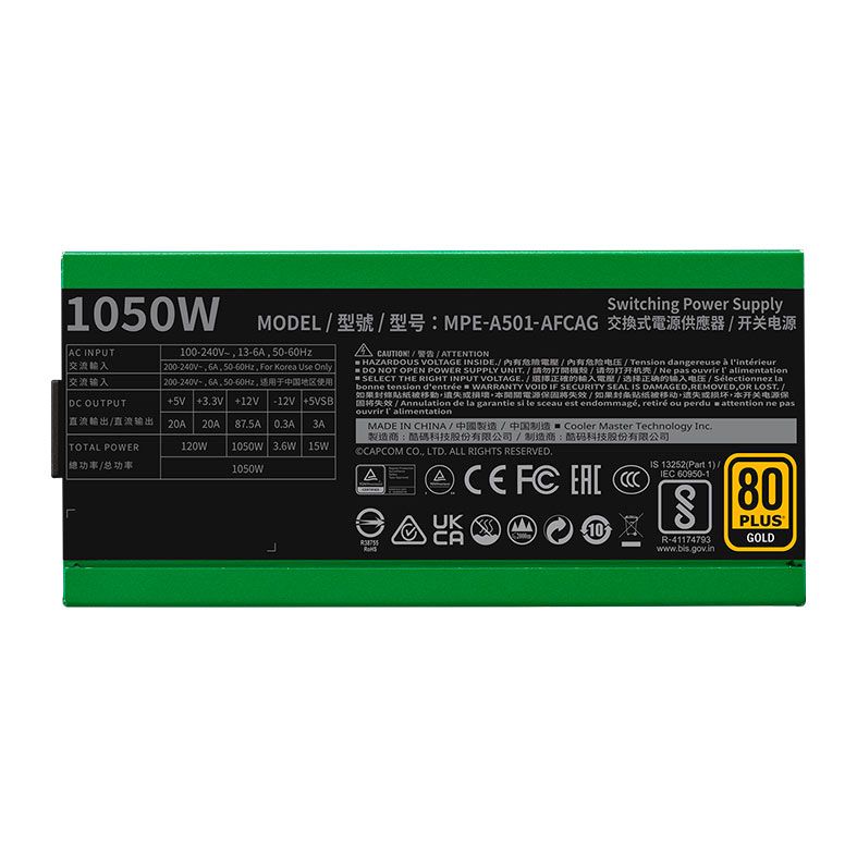 Fonte Cooler Master MWE Gold V2 1050 Street Fighter 6 Blanka, 1050W, PCI-e 5.0, Full Modular, 80 Plus Gold, Verde, MPE-A501-AFCAG-3VWO