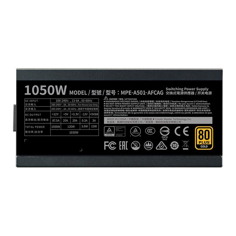Fonte Cooler Master MWE 1050 V2, 1050W, Full-Modular, 80 Plus Gold, Preto, MPE-A501-AFCAG-WO