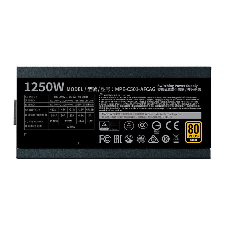 Fonte Cooler Master MWE Gold V2 1250, 1250W, PCI-e 5.0, Full Modular, 80 Plus Gold, Preta, MPE-C501-AFCAG-3WO