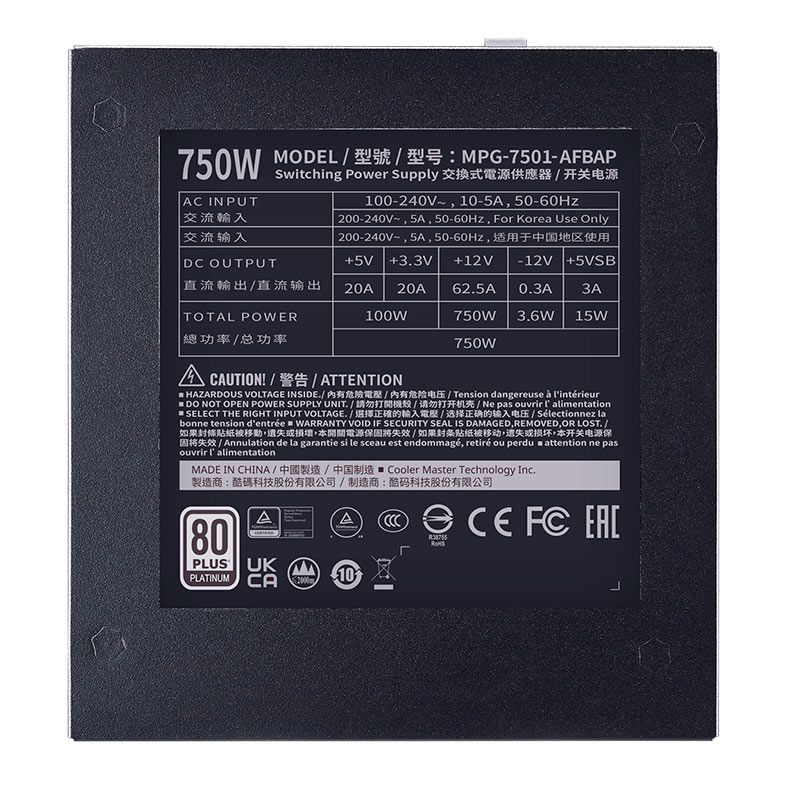 Fonte Cooler Master XG 750 Platinum, 750W, Full Modular, 80 Plus Platinum, Preto, MPG-7501-AFBAP-WO