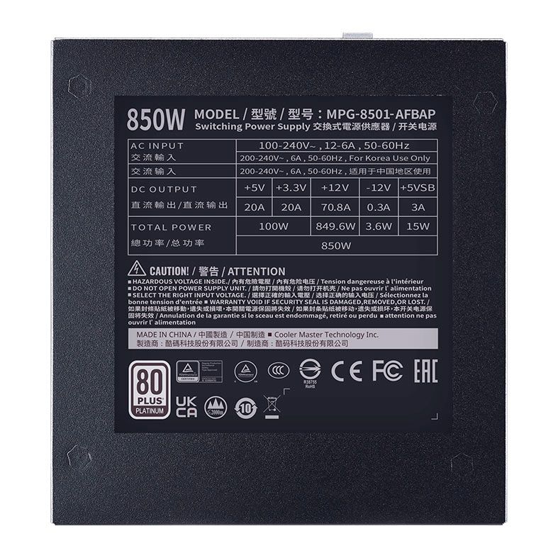Fonte Cooler Master XG 850 Platinum, 850W, Full Modular, 80 Plus Platinum, Preto, MPG-8501-AFBAP-WO
