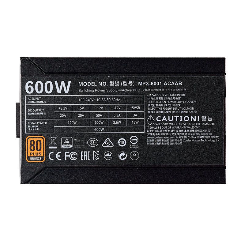 Fonte Cooler Master MWE 600, 600W, 80 Plus Bronze, Preto, MPX-6001-ACAAB-US