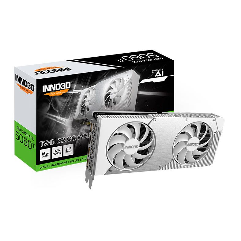 Placa de Video INNO3D GeForce RTX 5060 Ti Twin X2 OC White, 16GB, GDDR7, 128-bit, N506T2-16D7X-191073W - PRE VENDA