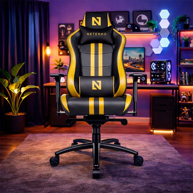 Cadeira Gamer Netenho Rozhok V2, Espuma Moldada, Braco 3D, Preto e Dourado, NT-RZK-V2