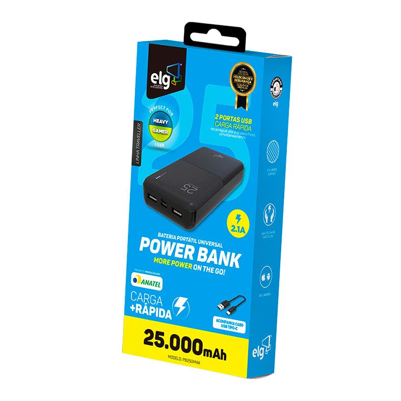 Power Bank ELG Com USB Tipo-C 25000mAh, Preto, PB250MAX