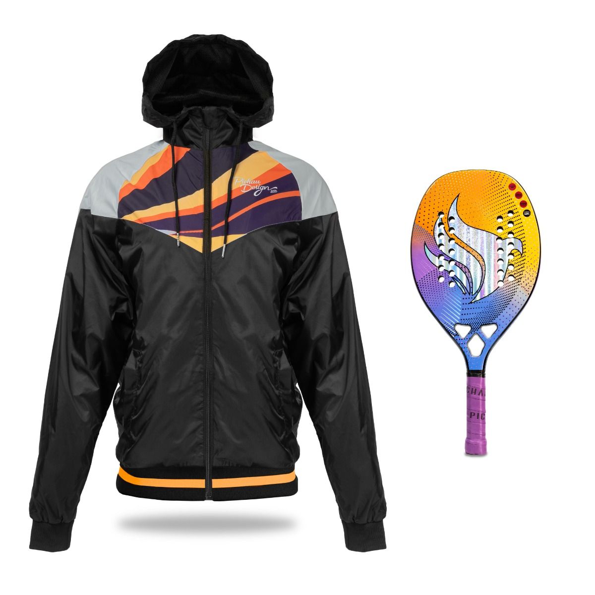 Kit Jaqueta Corta Vento Pichau, M + Raquete de Beach Tennis, 12k Carbon