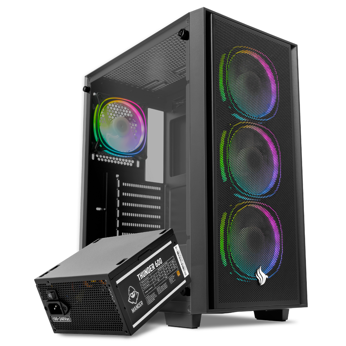 Kit Gabinete Gamer Pichau Kazan 2, RGB, Preto + Fonte Mancer Thunder 600W