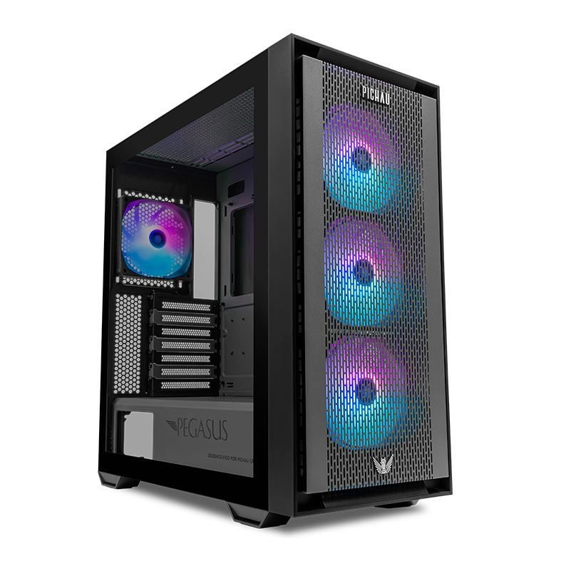 Gabinete Gamer Pichau Pegasus, RGB, Full-Tower, Lateral de Vidro, Com 4  Fans, Cinza e Preto, PG-PGSU-GR01