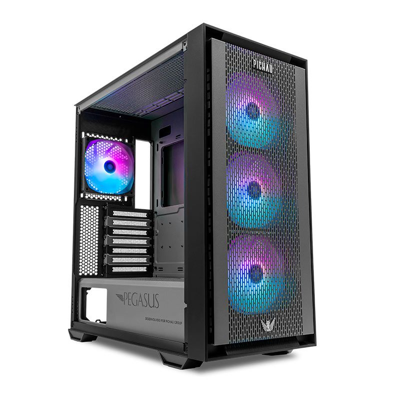 Gabinete Gamer Pichau Pegasus, RGB, Full-Tower, Lateral de Vidro, Com 4  Fans, Cinza e Preto, PG-PGSU-GR01