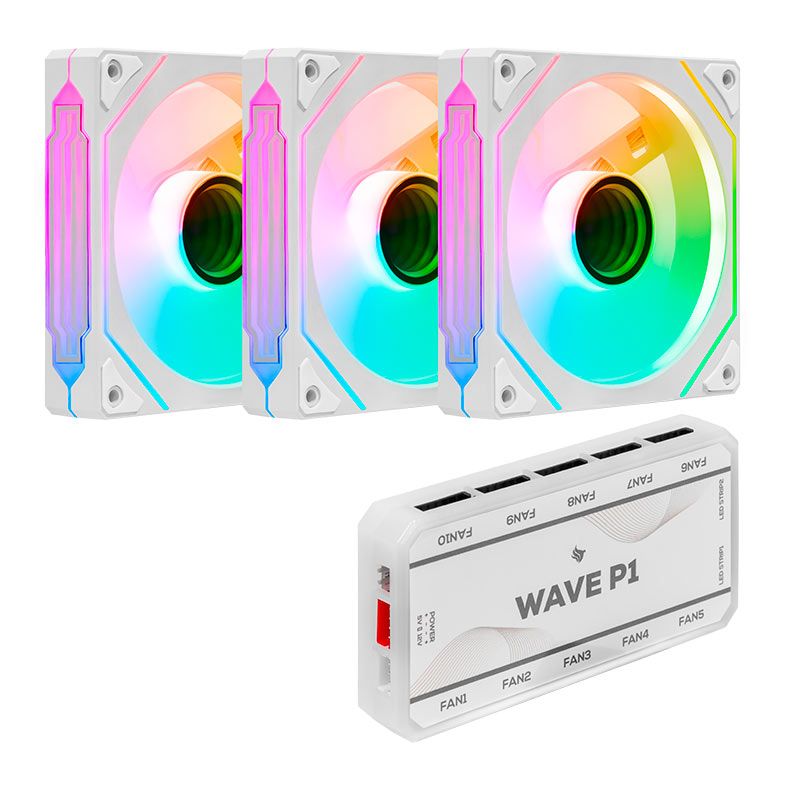 Kit Ventoinhas Pichau Wave P1, ARGB, 3x120mm + Controladora, Branco, PG-WARGB-WH01