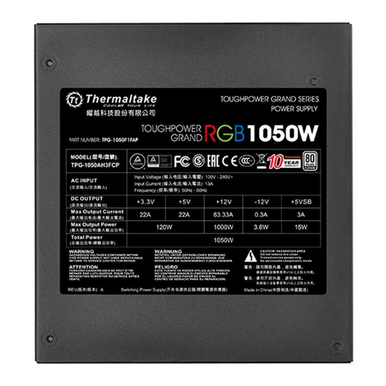 Fonte Thermaltake ToughPower Grand, 1050W, RGB, Full Modular, 80 Plus Platinum, Preto, PS-TPG-1050F1FAPB-1