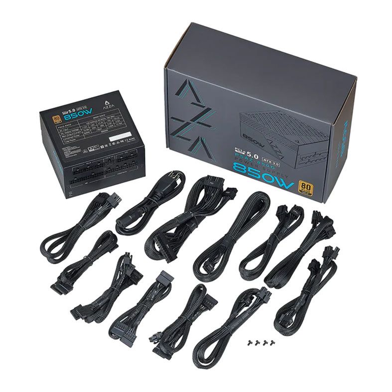 Fonte Azza 850G, 850W, PCI-e 5.0, Full Modular, 80 Plus Gold, Preta, PSAZ-850G-ATX3.0