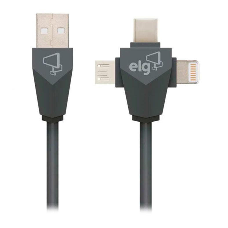 Cabo USB ELG, 3 em 1 Lightning/Micro USB/Tipo-C, 1.5M, Cinza, PW31C