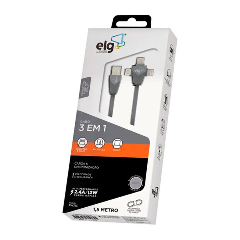 Cabo USB ELG, 3 em 1 Lightning/Micro USB/Tipo-C, 1.5M, Cinza, PW31C