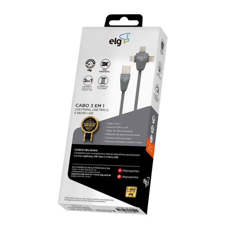 Cabo USB ELG, 3 em 1 Lightning/Micro USB/Tipo-C, 1.5M, Cinza, PW31C