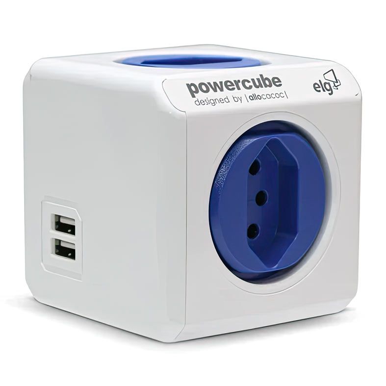 Adaptador De Tomada Elg Original USB, 4 Tomadas, Bivolt, 2 USB, Branco e Azul, PWC-R4U