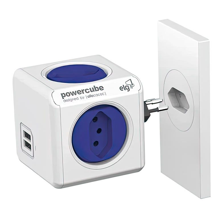 Adaptador De Tomada Elg Original USB, 4 Tomadas, Bivolt, 2 USB, Branco e Azul, PWC-R4U