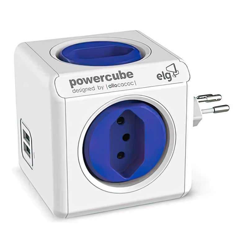 Adaptador De Tomada Elg Original USB, 4 Tomadas, Bivolt, 2 USB, Branco e Azul, PWC-R4U