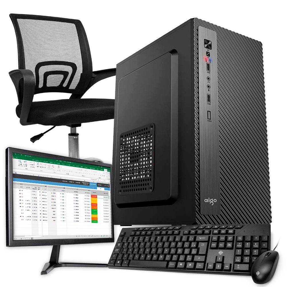 PC Home Completo Mancer HM534, Intel Core I5, 8GB DDR3, SSD 240GB + Cadeira Office + Monitor + Kit Teclado e Mouse