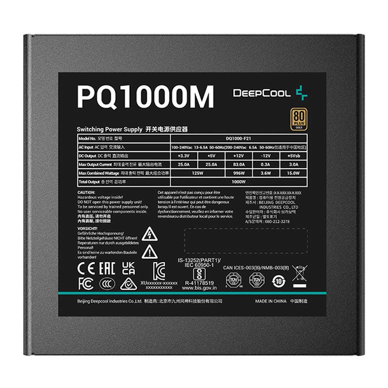 Fonte DeepCool PQ1000M, Full-Modular, 80 Plus Gold, Preto, R-PQA00M-FA0B-WO
