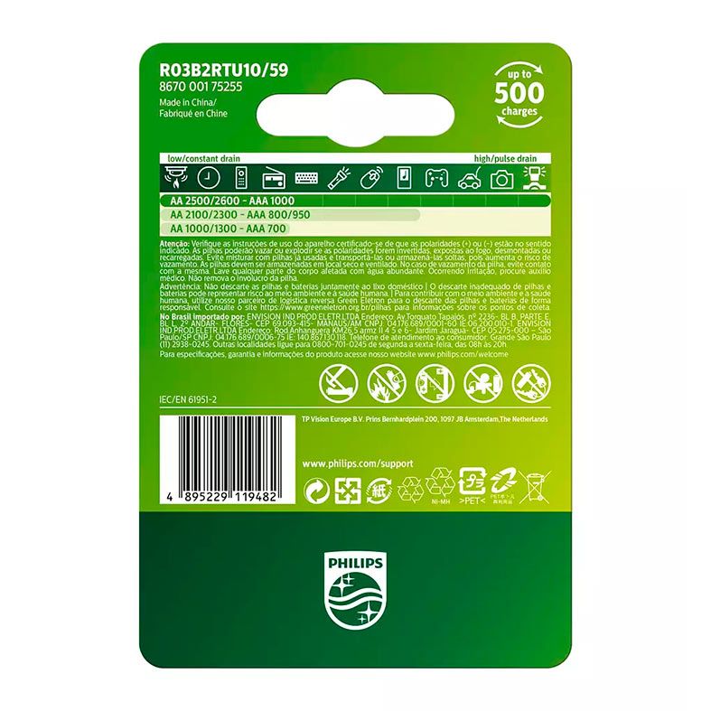 Pilha Alcalina Philips Recaregavel, AAA, 2 Unidades, R03B2RTU10-59