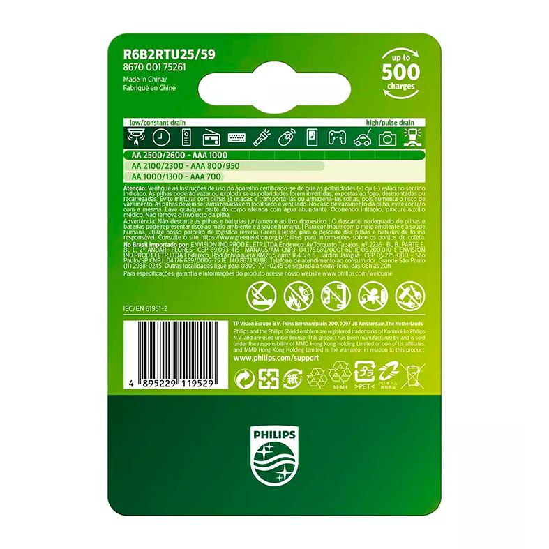 Pilha Alcalina Philips Recaregavel, AA, 2 Unidades, R6B2RTU25-59