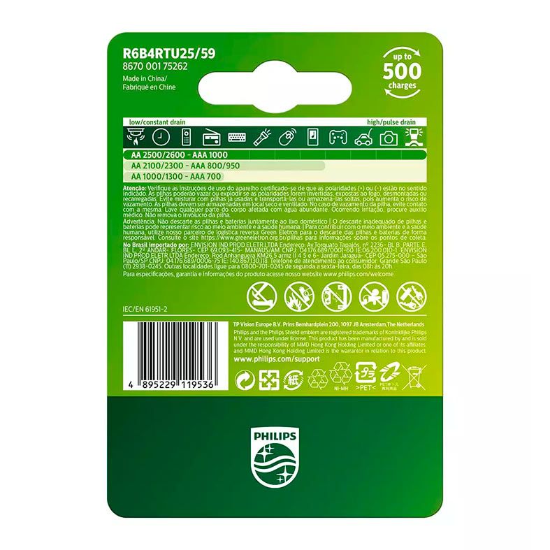Pilhas Alcalinas Philips Recarregavel, AA, 4 Unidades, R6B4RTU25-59