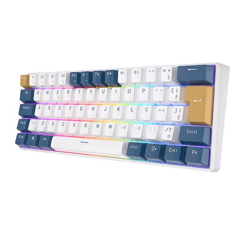 Teclado Mecanico Gamer Royal Kludge RK61, RGB, Switch Brown, Branco e Azul, RK61-KB-BW