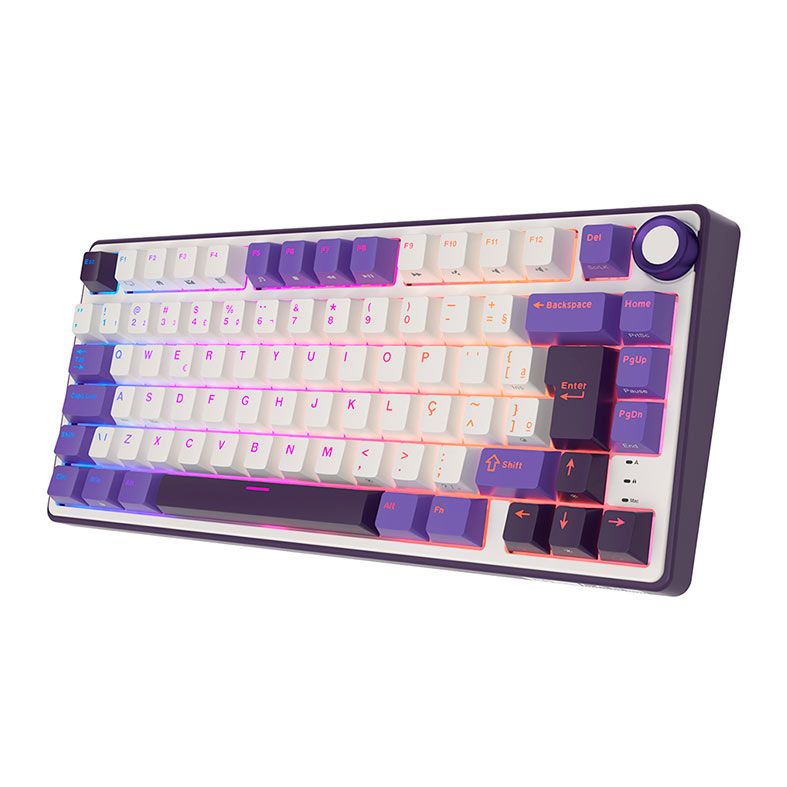 Teclado Mecanico Gamer Royal Kludge RKR75, RGB, ABNT2, Switch Brown, Branco e Roxo, RKR75-BB-BW-POR