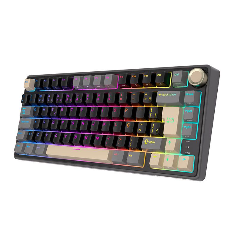 Teclado Mecanico Gamer Royal Kludge RKR75, RGB, ABNT2, Switch Brown, Preto e Cinza, RKR75-PT-BW-POR