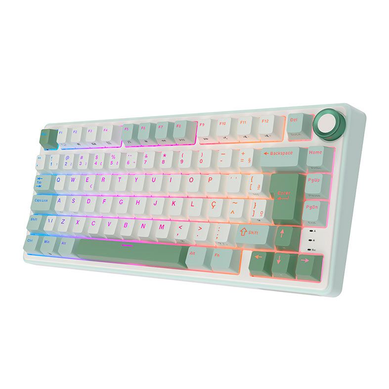 Teclado Mecanico Gamer Royal Kludge RKR75, RGB, ABNT2, Switch Brown, Branco e Ciano, RKR75-SS-BW-POR