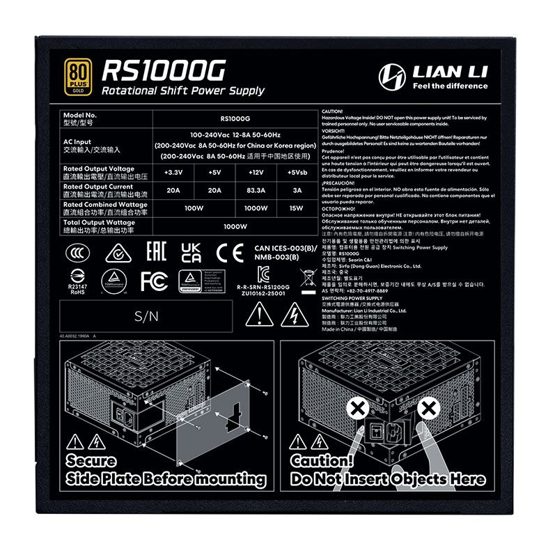 Fonte Lian Li RS1000G BH BR, 1000W, Full Modular, 80 Plus Gold, Preto, RS1000G