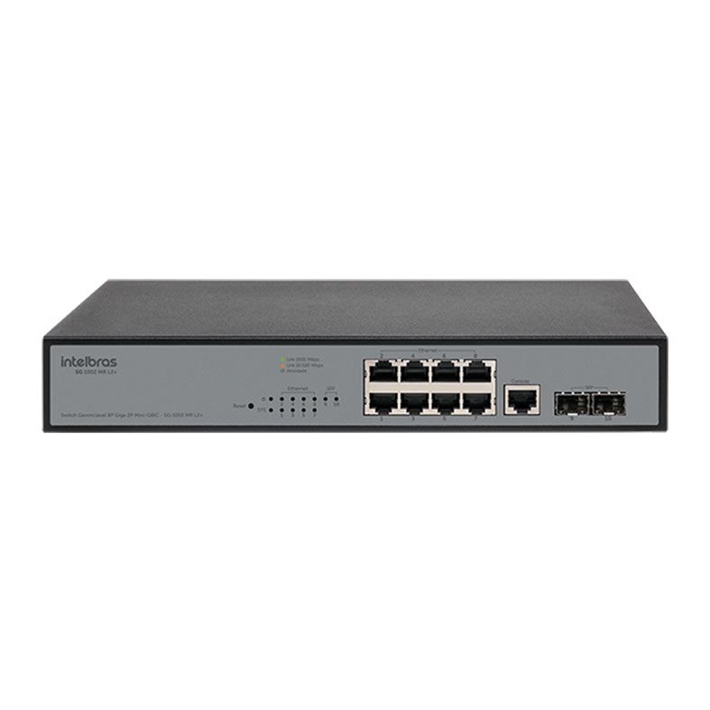 Switch Intelbras SG 1002 MR L2+, 8 Portas Gigabit Ethernet, 2 Portas Mini-Gbic, Preto, SG-1002-MR-L2