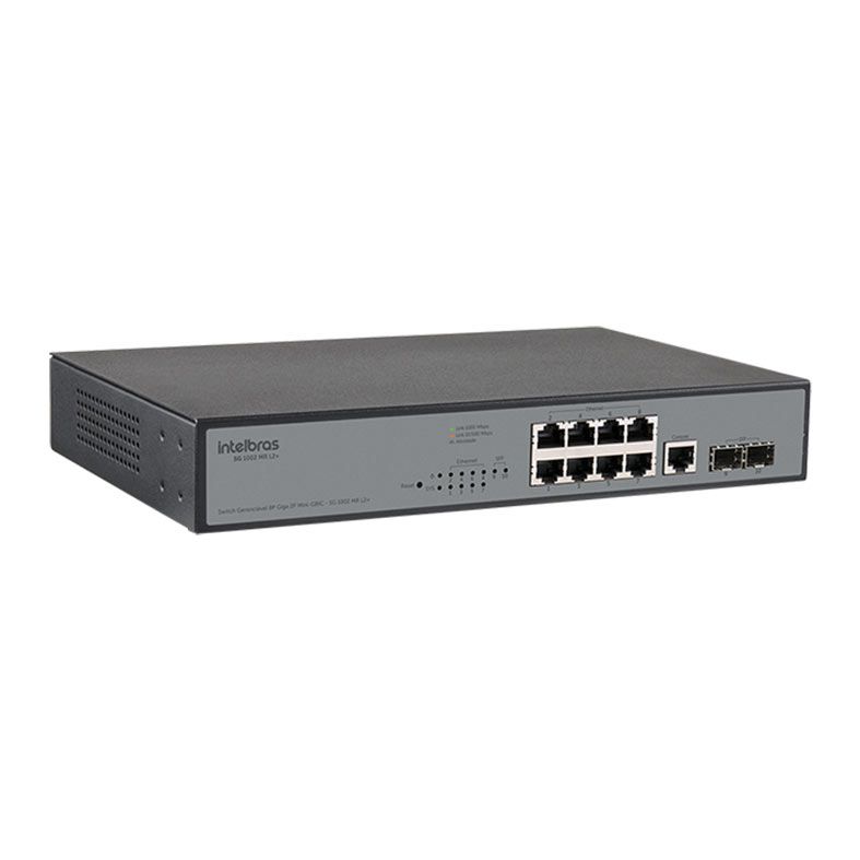 Switch Intelbras SG 1002 MR L2+, 8 Portas Gigabit Ethernet, 2 Portas Mini-Gbic, Preto, SG-1002-MR-L2