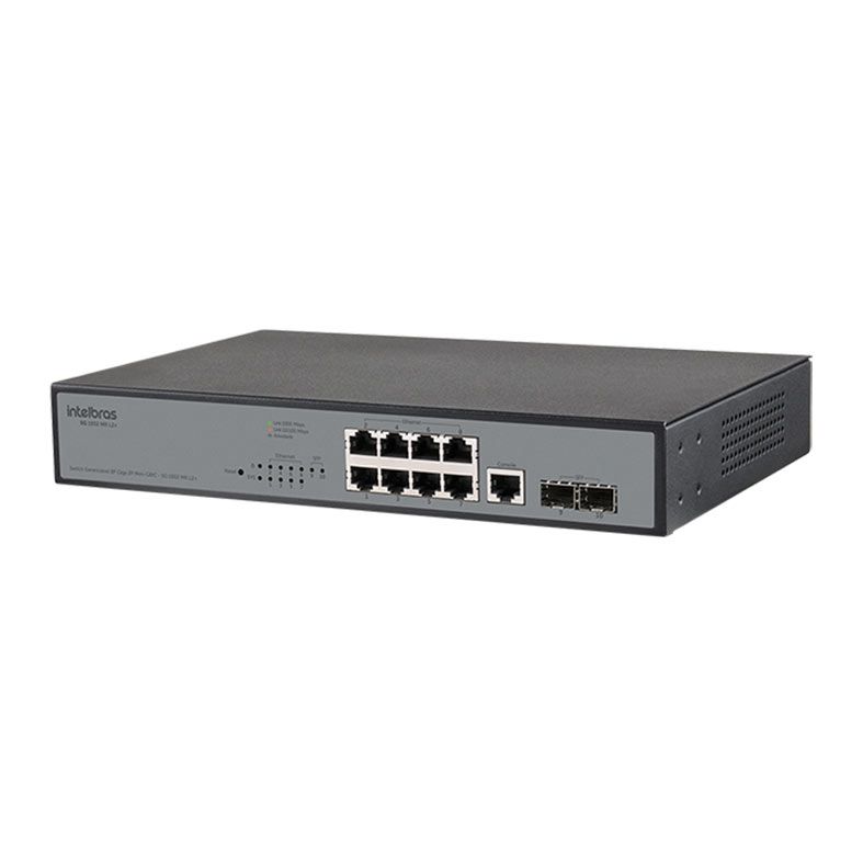 Switch Intelbras SG 1002 MR L2+, 8 Portas Gigabit Ethernet, 2 Portas Mini-Gbic, Preto, SG-1002-MR-L2