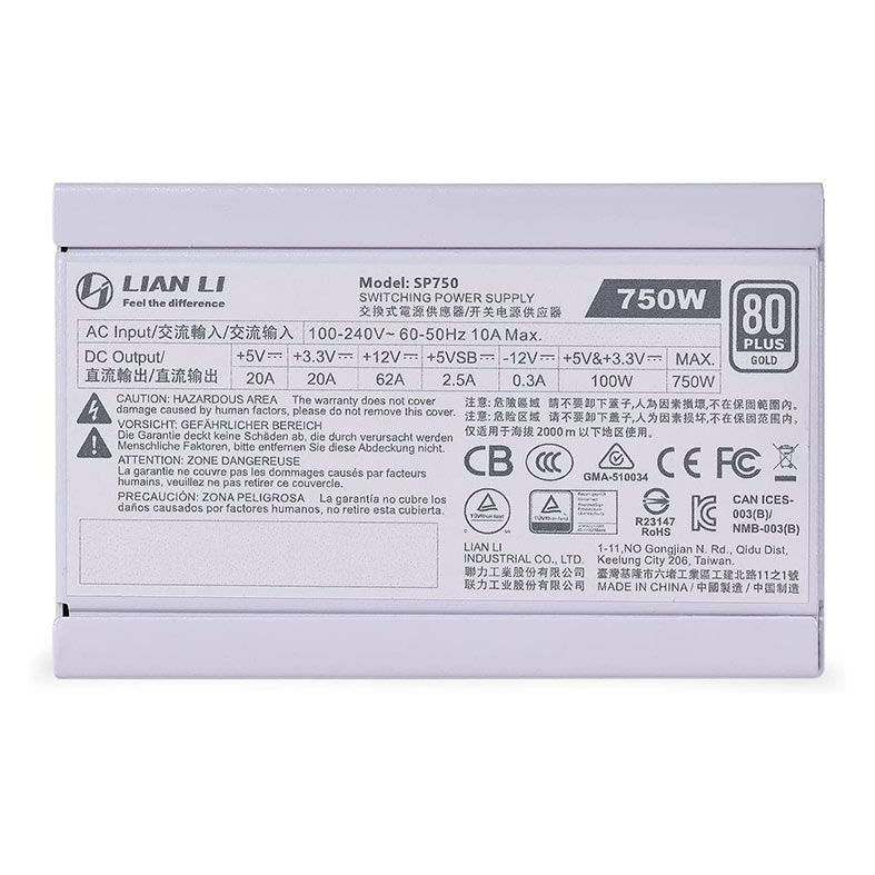 Fonte Lian Li SP750, 750W, Full-Modular, 80 Plus Gold, Branca, SP750-WHITE