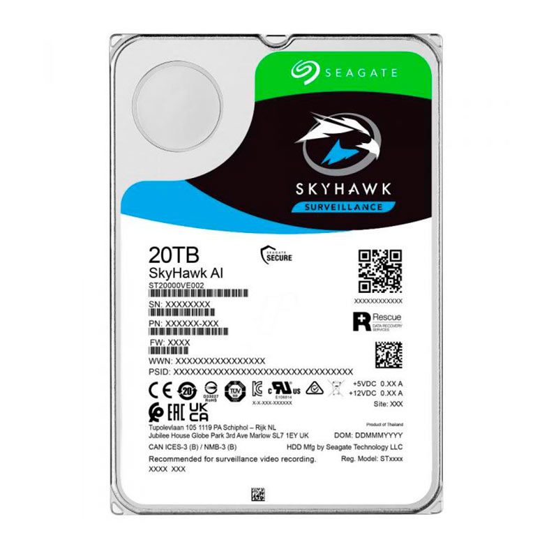 HD Seagate Skyhawk AI, 20TB, 3.5, 7200 RPM, Sata III 6GB/s, Cache 256MB, ST20000VE002