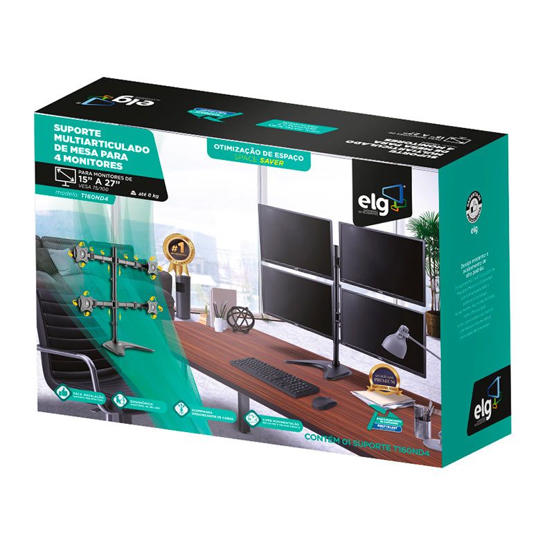 Suporte Mutiarticulado de Mesa Para 4 Monitores ELG, 15 Pol. a 27 Pol., Preto, T160ND4