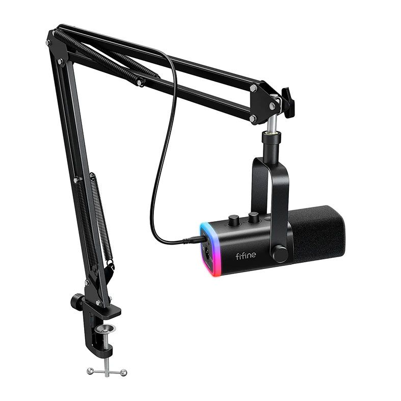 Microfone Dinamico Com Braço Articulado Fifine AmpliGame TAM8, RGB, USB/XLR, Preto, TAM8-BLK