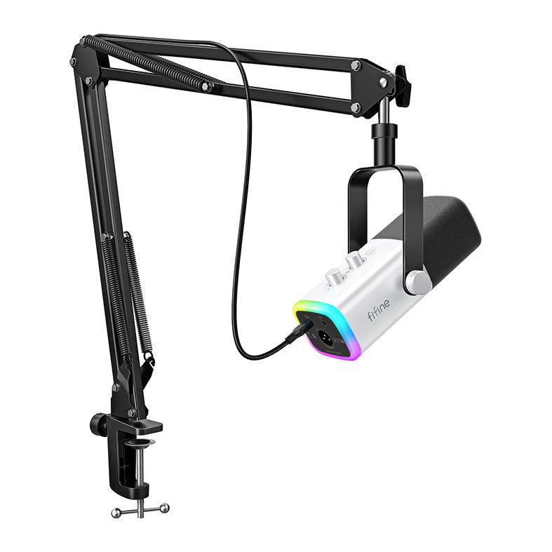 Microfone Dinamico Com Braço Articulado Fifine AmpliGame TAM8, RGB, USB/XLR, Branco, TAM8-WHT